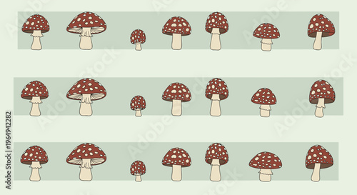 Rows of red and white spotted fly agaric mushrooms in various sizes are arranged on light green bands in a tidy seamless pattern.