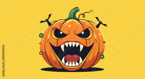 Scary Halloween pumpkin with sharp vampire fangs, glowing eyes, and small bats flying around it against a solid yellow background.