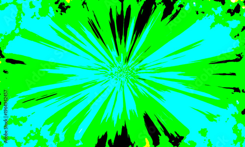 Foto Vibrant green and blue abstract explosion with black accents and paint splatters