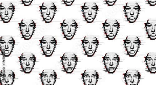 Glitched portraits of a person face repeated in a seamless pattern with digital distortion effects on a clean white background.