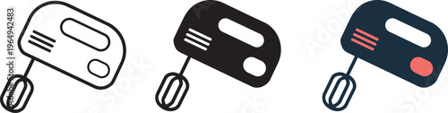 Set Of Three Hand Mixer Icons In Outline, Solid, And Colored Styles