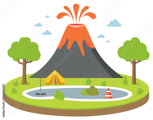 Active volcano with lava flow next to a campsite and small lake with a traffic cone