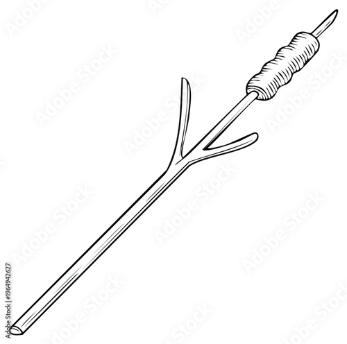 Primitive Wooden Fishing Gig Spear Tool Outline Illustration