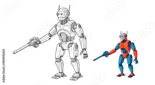 Illustration showing two versions of a humanoid robot holding a laser gun, one in detailed black lines and one in full color.