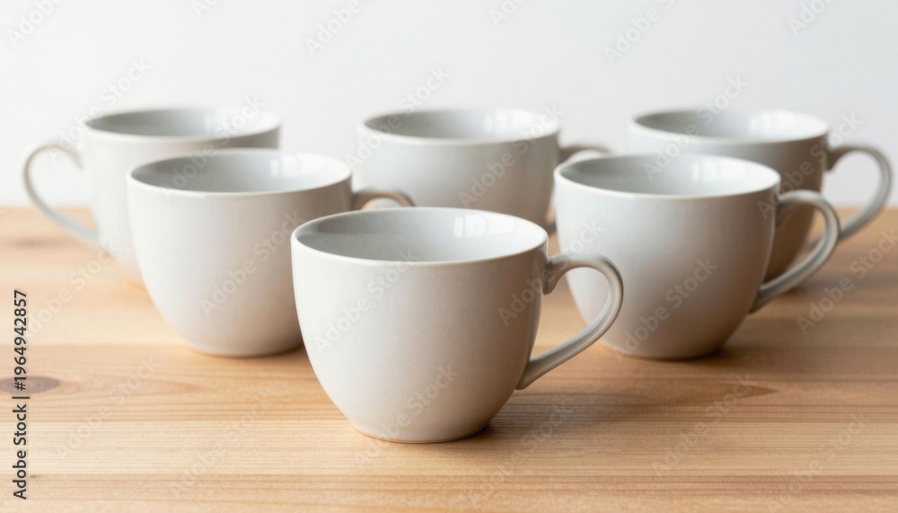 Fototapeta premium Set of six minimalist white ceramic coffee cups on light wooden table, flat lay composition