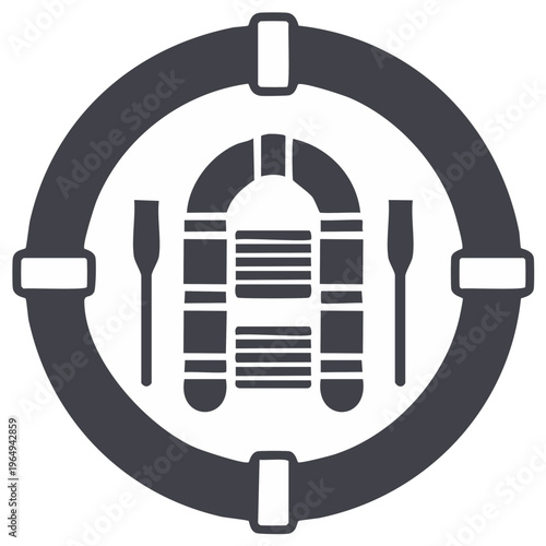 Inflatable Boat and Oars with Circle Icon Flat Vector Illustration