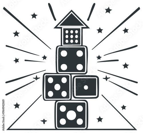 Dice Tower with Stars, Gambling, Casino, or Luck Concept, Game of Chance