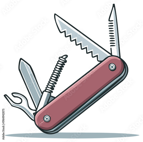 Versatile multi-tool illustration with various silver blades and red handle in opened position showing different tools in cartoon style