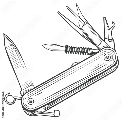 Detailed illustration of an open multi tool knife with various folding implements and blades