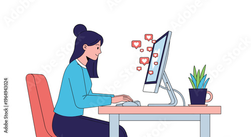 Young woman sitting at a desk using a computer that is emitting many pink heart icons, representing social media and online love.