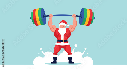 Powerful and muscular Santa Claus effortlessly lifting a heavy barbell with colorful weight plates on a light blue background.