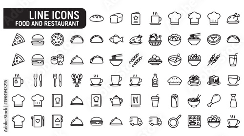 A collection of line icons for food and restaurant use in various designs and applications.