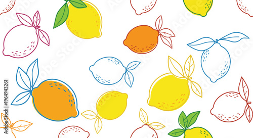 Seamless pattern of hand-drawn lemons in different colors and styles, some solid and some outlined, on a clean white background.