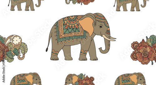 Ornate Elephant Pattern with Floral Motifs