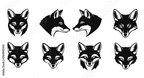 Set of Fox Head Silhouettes, Vector Graphics, Black and White Animal Icons