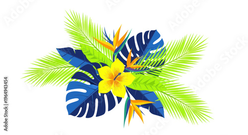 Tropical Leaves and Flowers Arrangement - Exotic Botanical Design