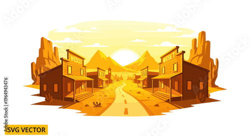 Wild West Town Street Scene with Saloon Buildings and Desert Landscape at Sunset