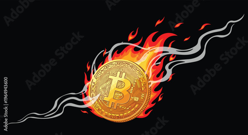 Golden Bitcoin coin engulfed in orange flames and grey smoke trails depicted against a dark black background in a conceptual finance style.