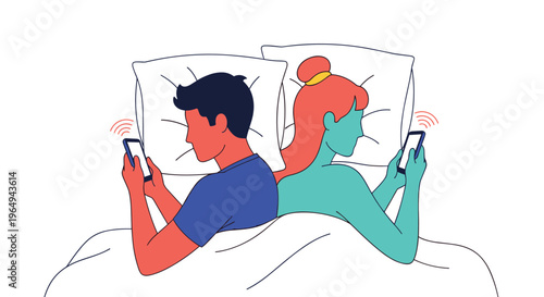 Man and woman lying back to back in bed while using their glowing smartphones in the dark, depicting modern digital relationship distance.