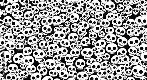 Dense pattern of white cartoon skulls with varied expressions and sizes scattered across a solid black background for a spooky effect.