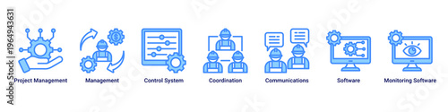 Management System web banner icon vector illustration with icons of Project Management,Management,Control System,Coordination,Communications,Software and Monitoring Software