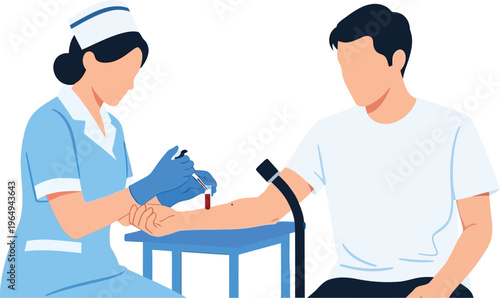 Nurse conducting blood pressure check on young male patient in clinic