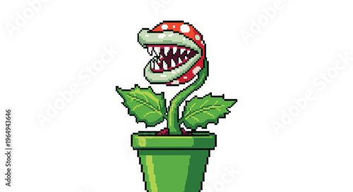 Pixel art illustration of a carnivorous Venus flytrap plant with sharp teeth and white spots inside a green pot on a white background.