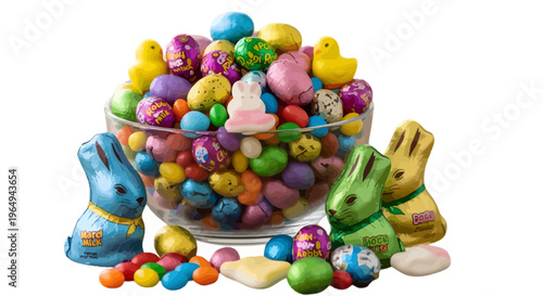 Colorful Easter candy, chocolate bunnies, eggs in bowl, sweet treats, festive dessert