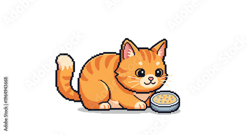 Adorable pixel art of an orange tabby cat sitting patiently beside a silver bowl of food, designed in a retro video game style.