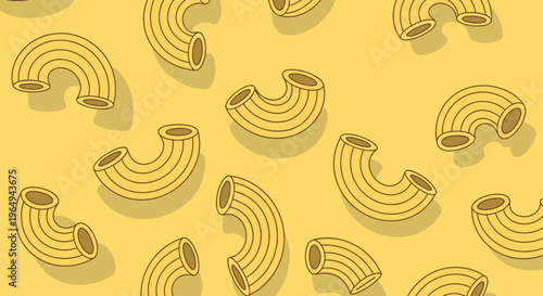 Delicious food pattern featuring repeating pieces of cooked elbow macaroni pasta scattered across a solid yellow background for a warm feel.
