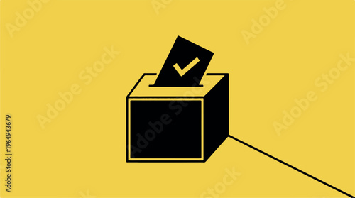 A black and yellow illustration of a ballot box with a checkmark on a voting card