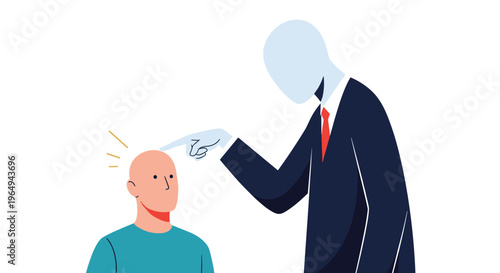 Tall faceless figure in a business suit pointing a long finger at the head of a startled man, depicting an urban myth or horror concept.