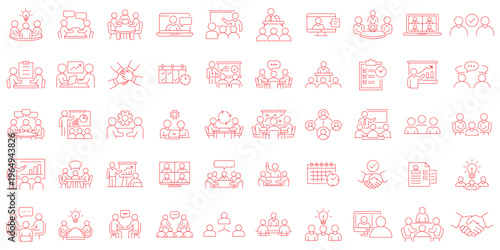 Human interaction icon set. Meeting icon set. Meeting in line style set. Editable web icons for conference, business meeting, discussion, planning, event, teamwork, seminar etc. Vector illustration.