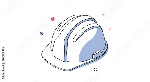 Isometric line art illustration of a white construction safety hard hat with geometric decorative accents on a clean background.