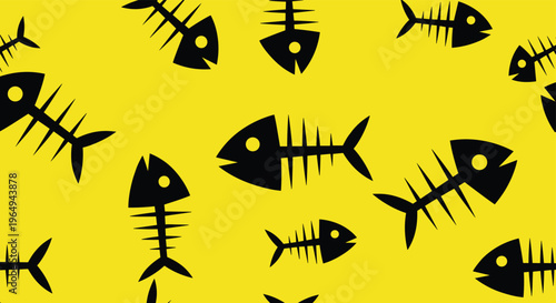 Bold seamless pattern featuring black fish bone silhouettes swimming in different directions on a vibrant yellow background for a modern look.