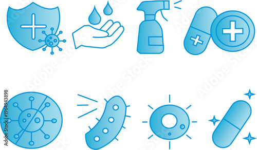 Bacteria and Medicine light blue Icon Set for World Health Day, Antibiotic Awareness, Healthcare and Medical Research Vector Collection