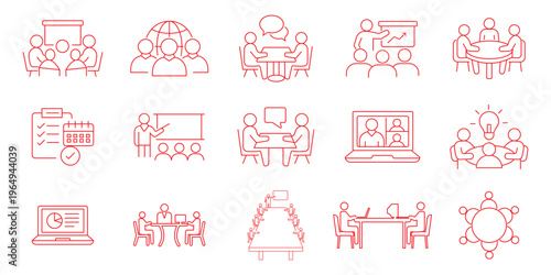 Human interaction icon set. Meeting icon set. Meeting in line style set. Editable web icons for conference, business meeting, discussion, planning, event, teamwork, seminar etc. Vector illustration.