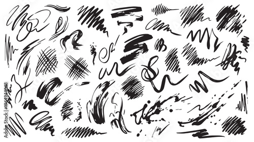 A collection of various black hand drawn scribbles and lines on a Transparent Background