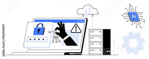 Network security, cloud computing, AI innovation, data encryption, password management, system access control. Hand with key on a laptop showing lock and security warning. Cybersecurity and data