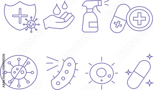 Bacteria and Medicine purple Line Icon Set for World Health Day, Antibiotic Awareness, Healthcare and Medical Research Vector Collection