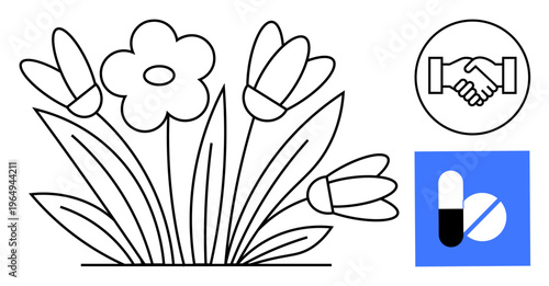 Business and medicine. Business handshake, floral design, and pills partnerships in pharmaceutical industries. Business and medicine applications for wellness, branding, education, health concepts