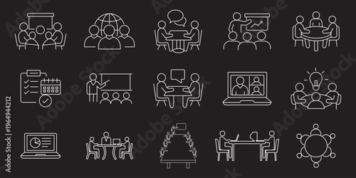 Meeting in line style set. Editable web icons for conference, business meeting, discussion, planning, event, teamwork, seminar etc. Vector illustration.