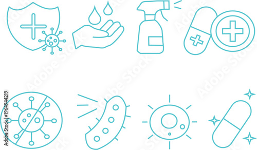 Bacteria and Medicine light blue Line Icon Set for World Health Day, Antibiotic Awareness, Healthcare and Medical Research Vector Collection