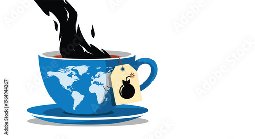 Conceptual illustration showing a blue teacup with a world map being filled with black oil and a bomb icon hanging on a tea bag.