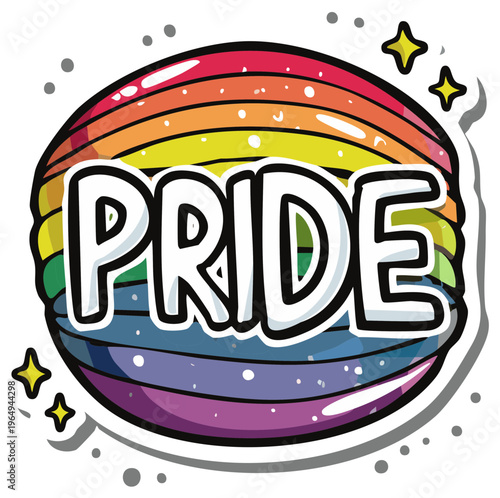 Pride word art in rainbow colors with star decorations representing LGBTQ community love and equality. Pride sticker for social media