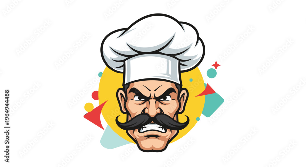 Obraz premium Determined male chef with a stern expression and a large black mustache wearing a tall white chef hat on a colorful background.
