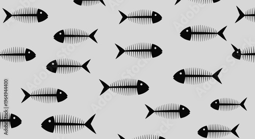 Minimalist seamless pattern featuring simple black fish bone silhouettes swimming across a light grey background for an aquatic theme.