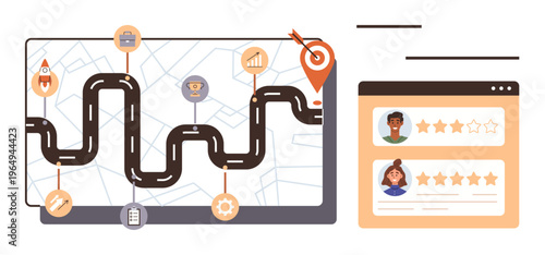 Business planning, customer feedback, project milestones, growth strategy, marketing, client satisfaction. Roadmap shows milestones customer ratings are displayed. Business planning and customer
