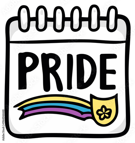 Calendar page with the word Pride and rainbow stripe graphic symbol