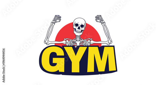 Powerful skeleton mascot flexing its muscles in front of a red circle with the word GYM in bold yellow letters for fitness motivation.